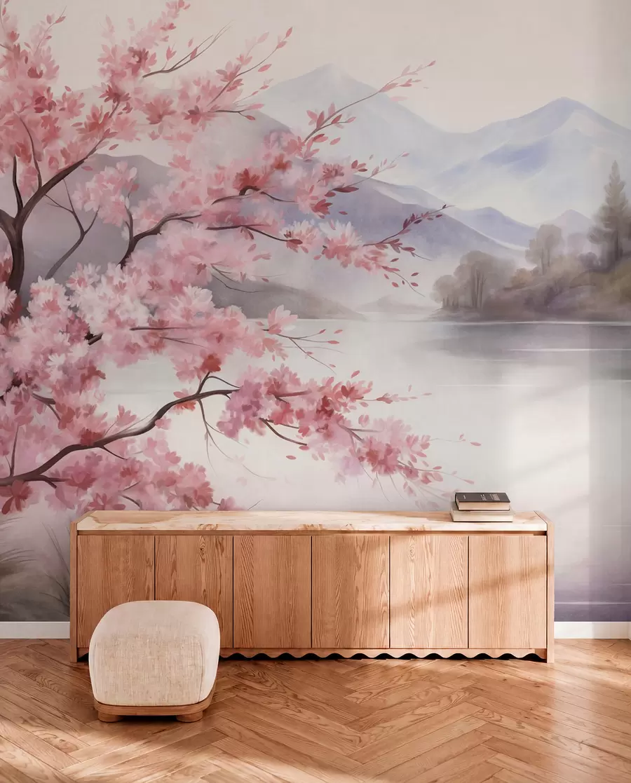 murales de pared Paisaje: un árbol con flores rosas, un lago y montañas envueltas en niebla al fondo w09870
