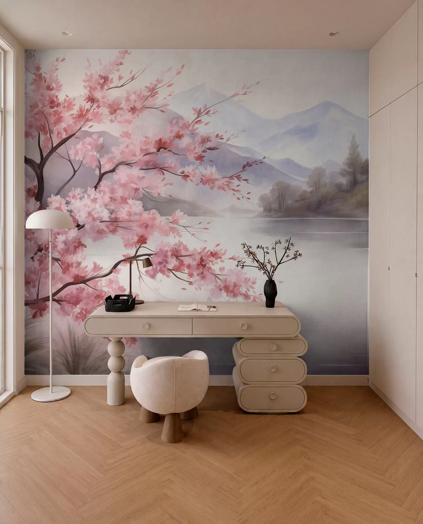 murales de pared Paisaje: un árbol con flores rosas, un lago y montañas envueltas en niebla al fondo w09870