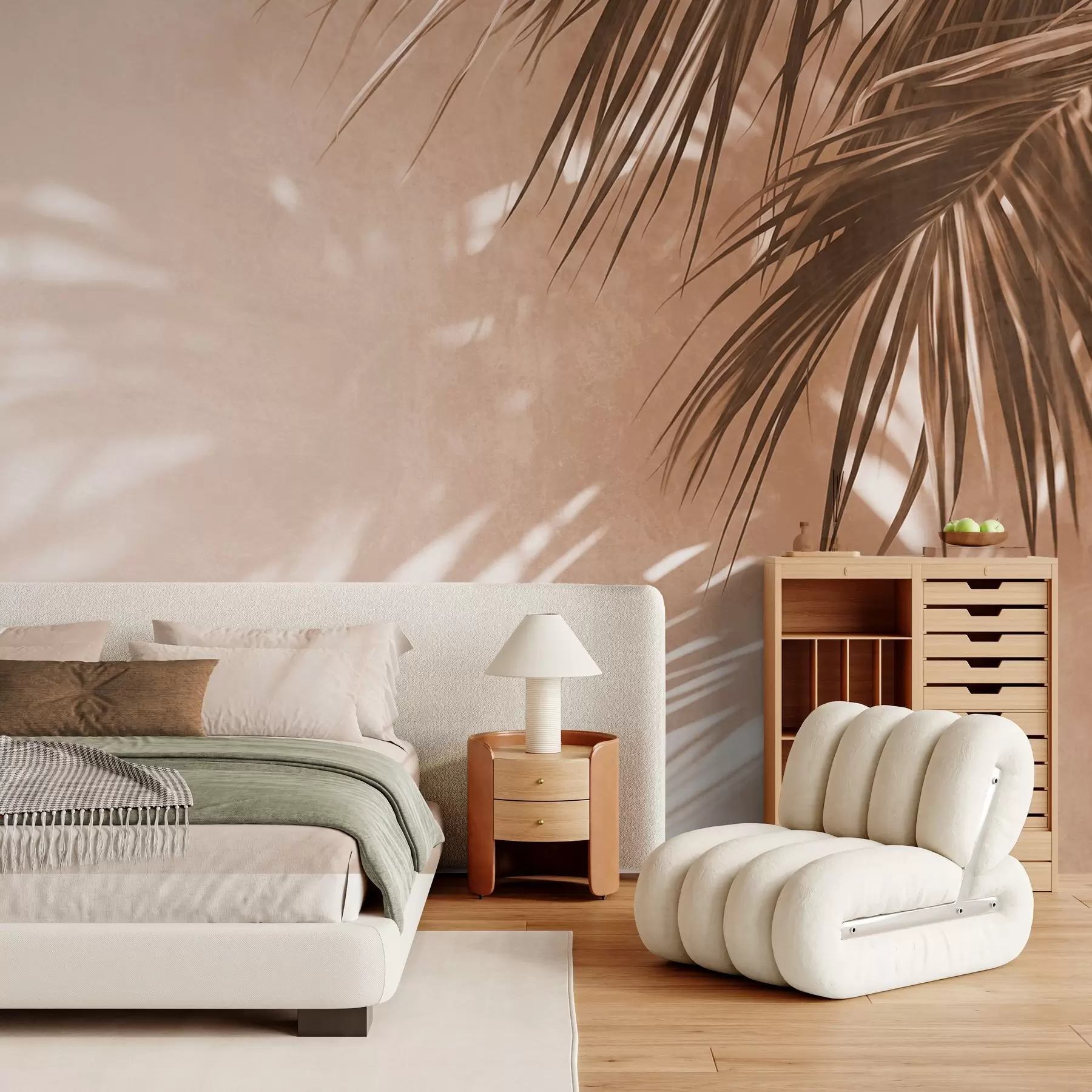 murales de pared Hojas de palmera con textura y sombras, un ambiente tropical, minimalismo w09890