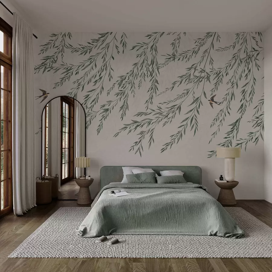 murales de pared Ramas verdes y pájaros sobre un fondo claro w05630