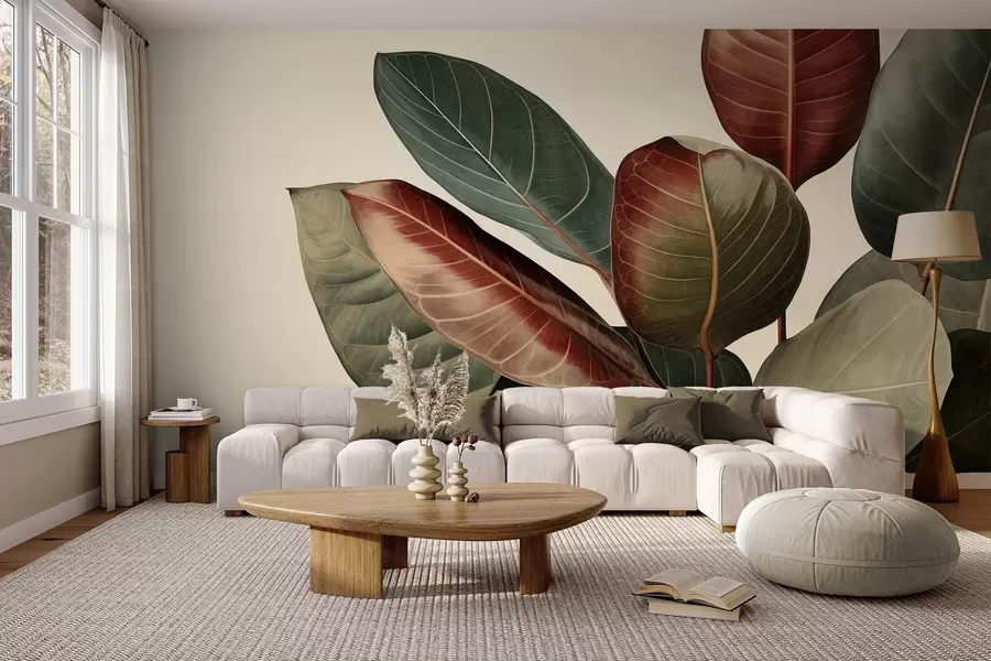 murales de pared Hojas grandes y texturizadas, con tonos variados de verde, rojo y marrón sobre un fondo claro w09891