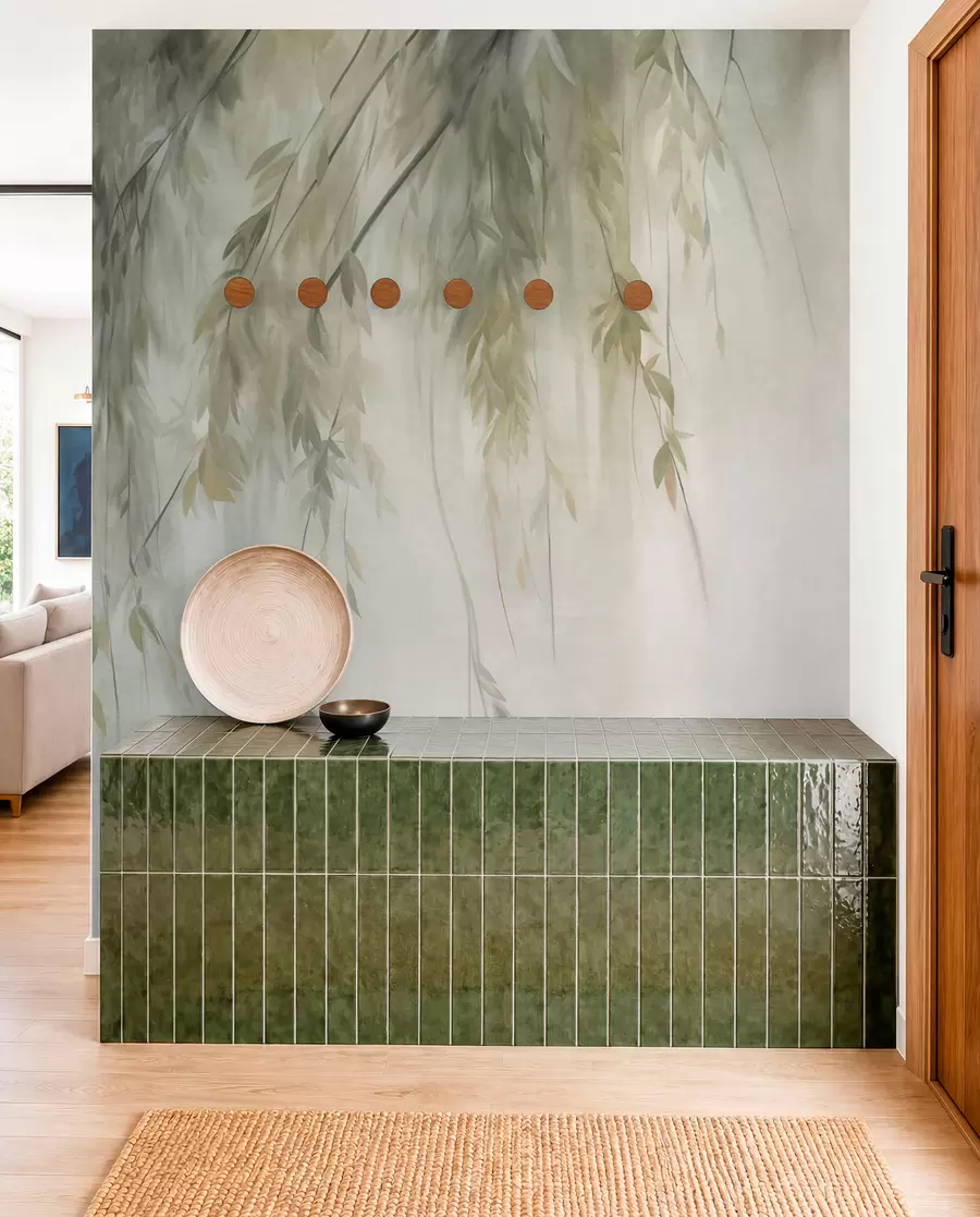 murales de pared Ramas de sauce con hojas de color verde pálido que cuelgan sobre un fondo tenue, al estilo de la acuarela w09893