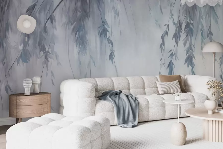 murales de pared Ramas de sauce con hojas de color azul pálido que cuelgan sobre un fondo tenue, al estilo de una acuarela w09893v2