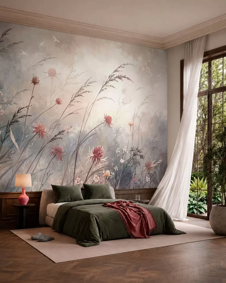 murales de pared Delicadas flores silvestres en un paisaje brumoso en tonos pastel w05538