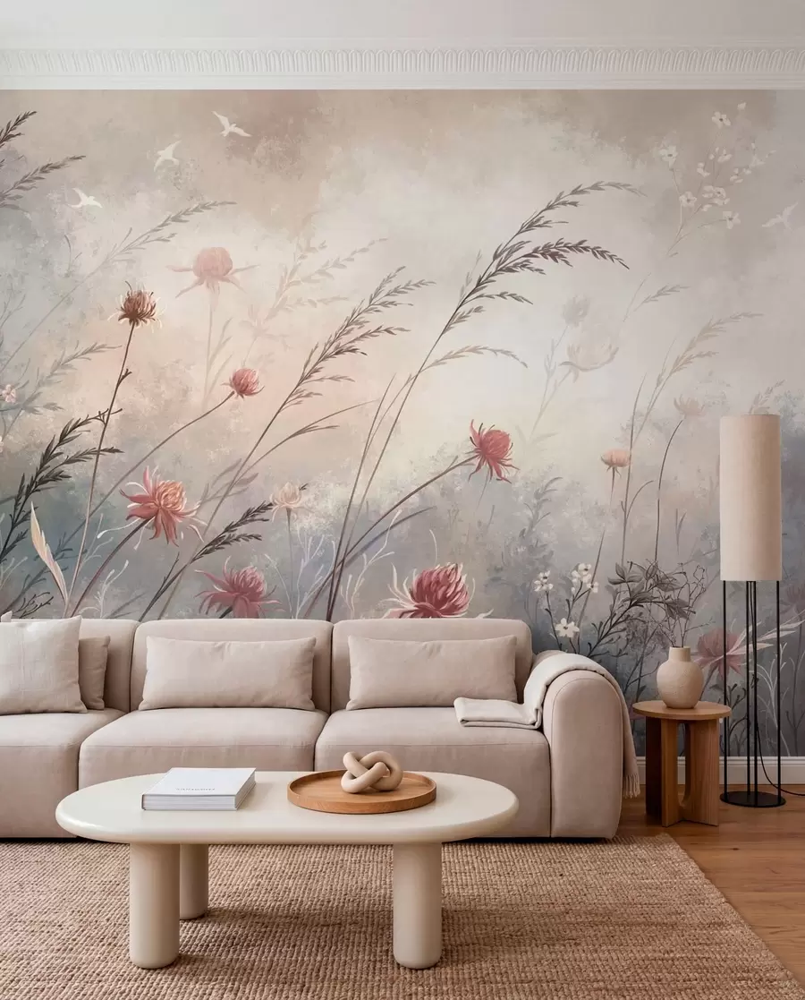 murales de pared Delicadas flores silvestres en un paisaje brumoso en tonos pastel w05538