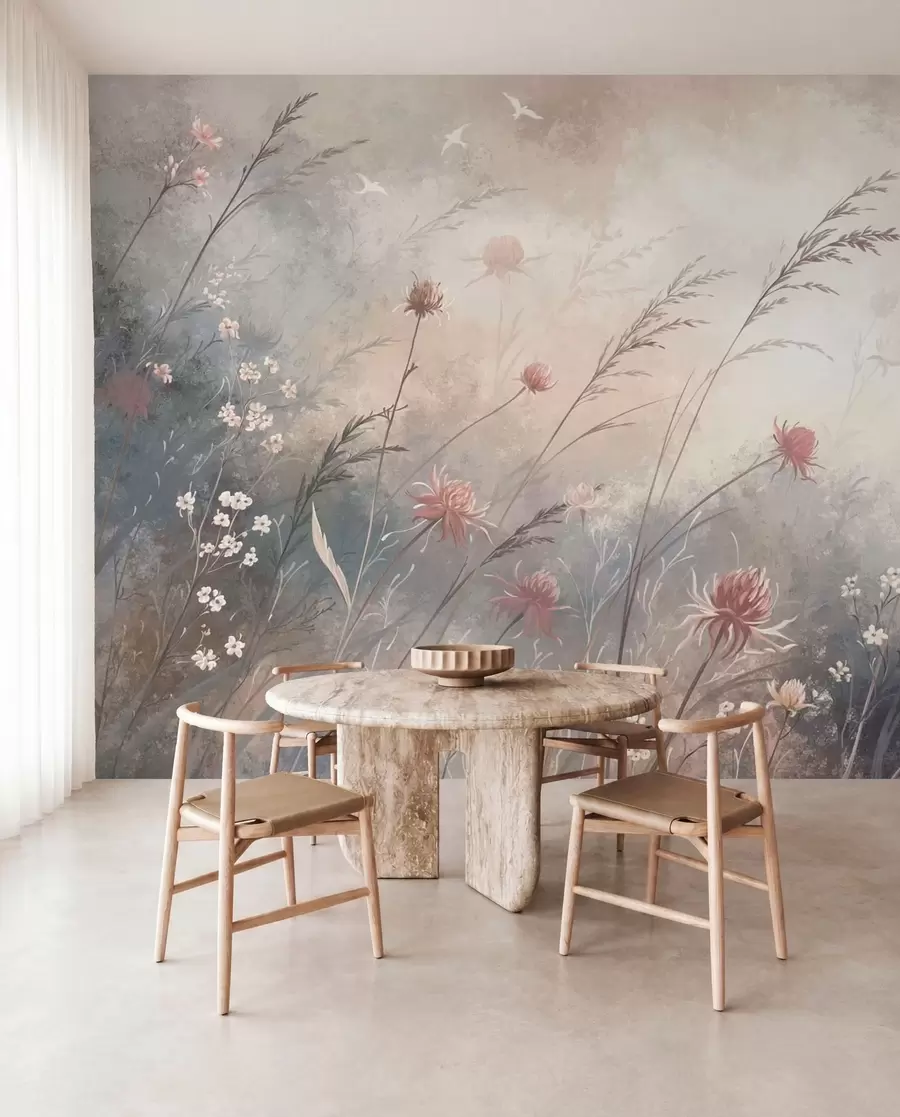murales de pared Flores silvestres en tonos pastel sobre un fondo suave y difuminado w05538v1