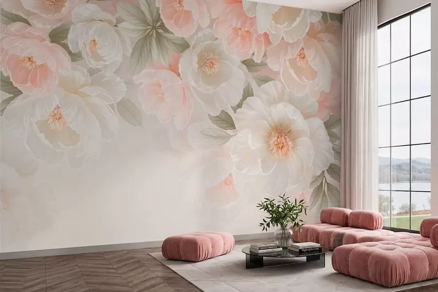 murales de pared Flores grandes y delicadas en tonos rosa y crema w05540