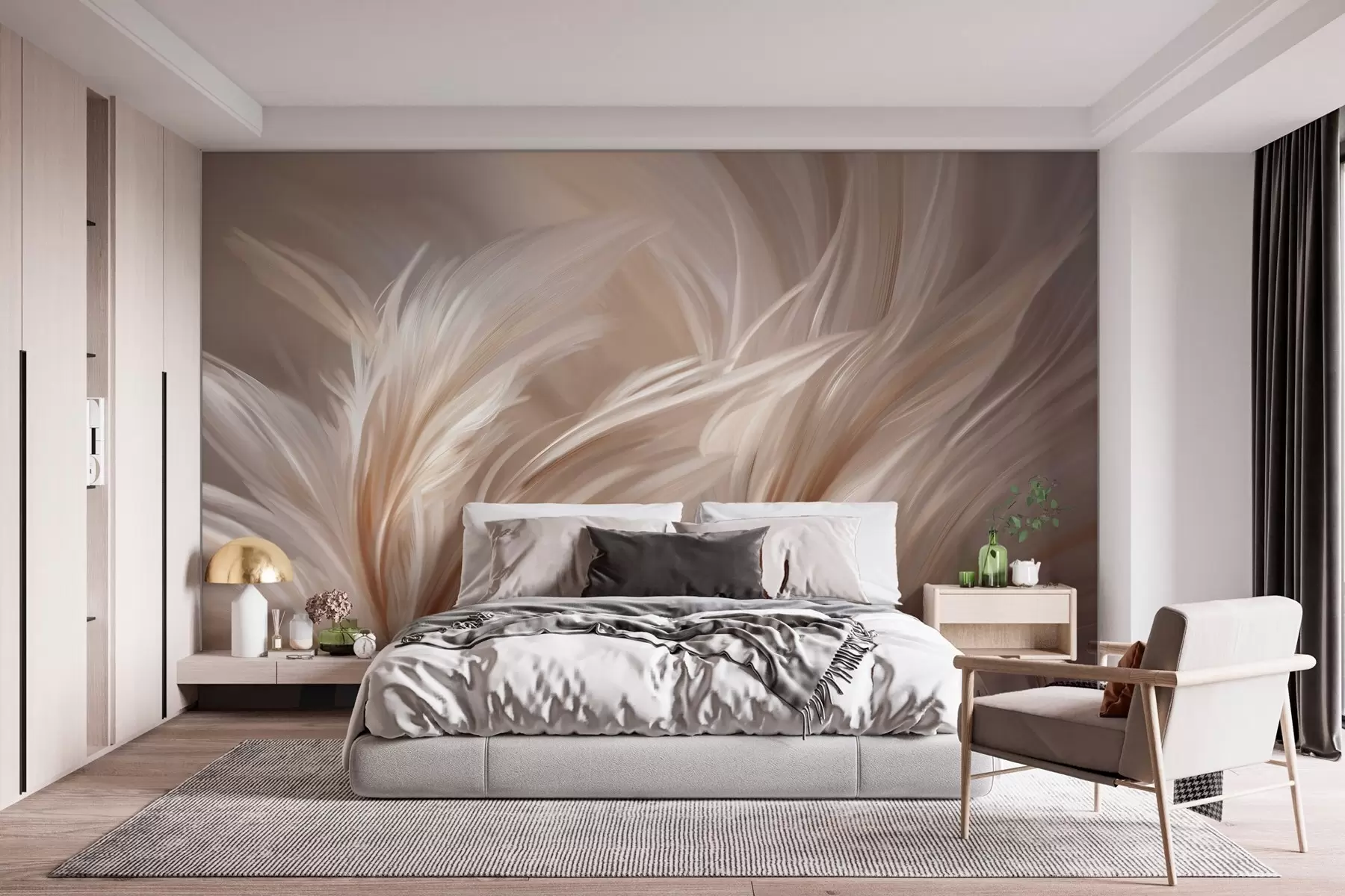 murales de pared Elegantes plumas en tonos beige y marrón w05658