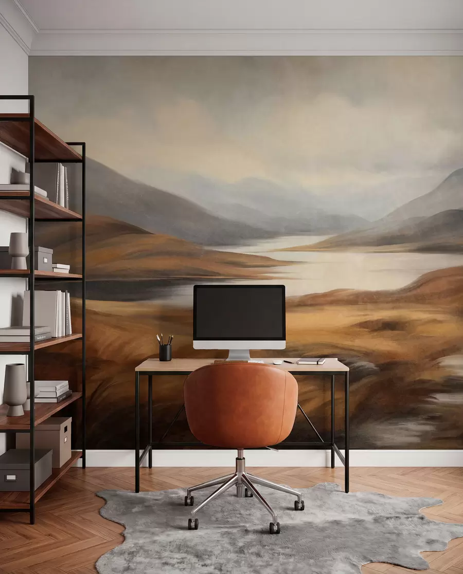 murales de pared Paisaje con relieve, un lago rodeado de colinas y montañas bajo un cielo nublado con hierba seca w09756