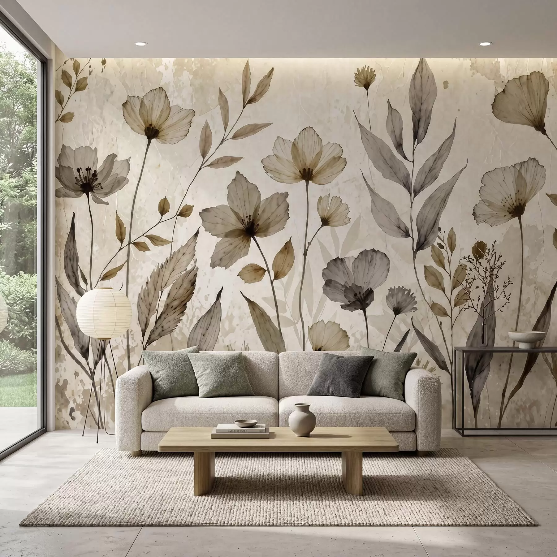 murales de pared Delicadas flores silvestres pintadas en acuarela en una suave paleta de tonos beige y crema w09875