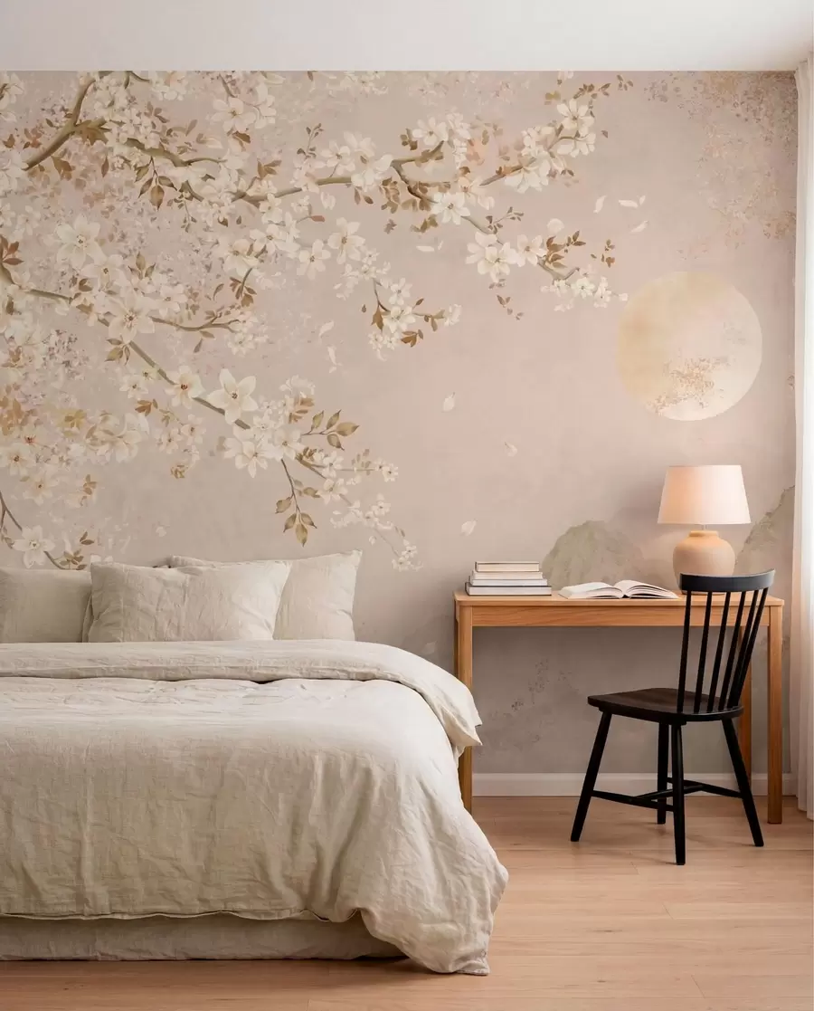 murales de pared Una rama en flor sobre las montañas envueltas en niebla y el sol w05695