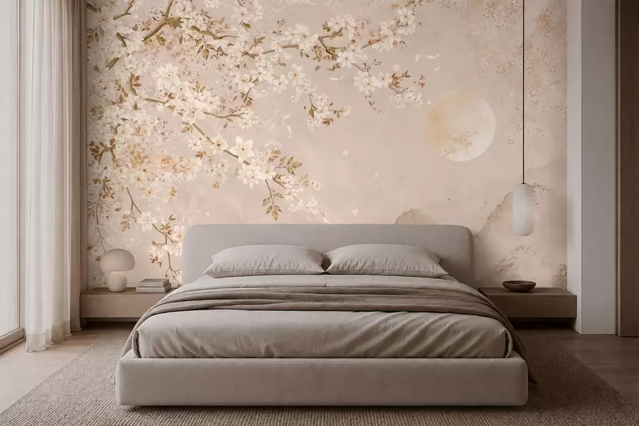 murales de pared Una rama en flor sobre las montañas envueltas en niebla y el sol w05695