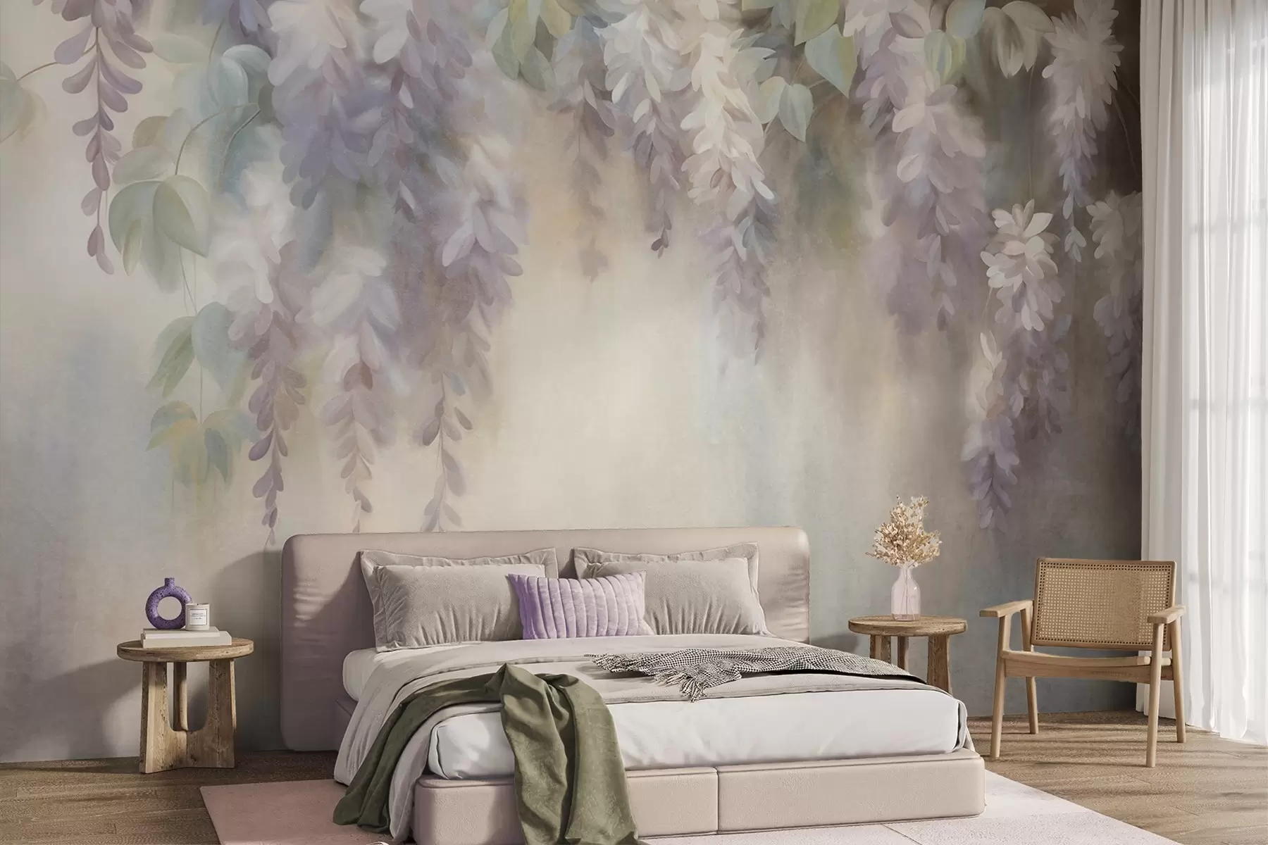 murales de pared Flores de glicinia de color morado claro con textura que cuelgan junto a hojas verdes, sobre un fondo en tonos pastel w09896