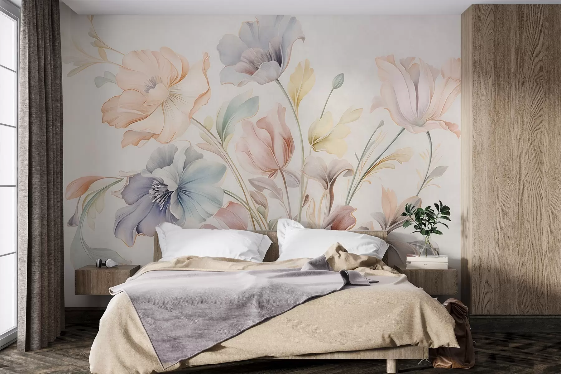 murales de pared Delicadas flores en tonos pastel de rosa, azul y amarillo con hojas verdes, sobre un fondo claro w09898