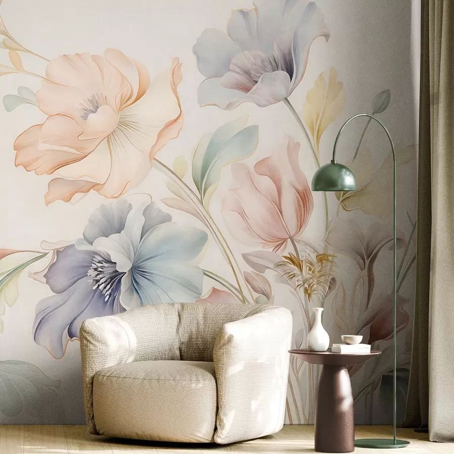 murales de pared Delicadas flores en tonos pastel de rosa, azul y amarillo con hojas verdes, sobre un fondo claro w09898