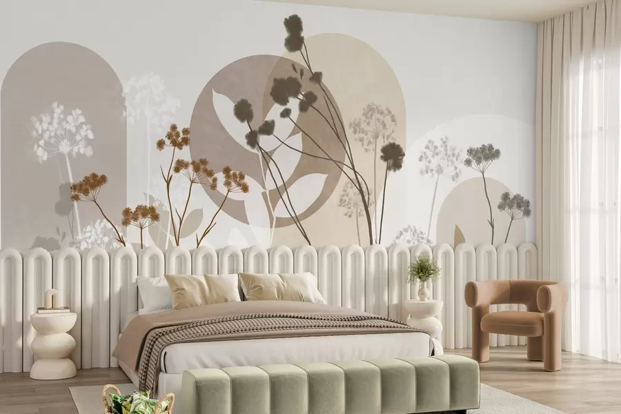 murales de pared Composición botánica y minimalista de flores y hojas secas con motivos geométricos abstractos w09906