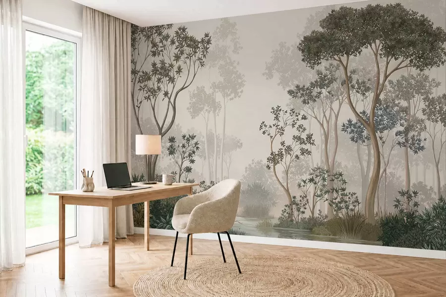 murales de pared Bosque brumoso con árboles y un tranquilo curso de agua w05700
