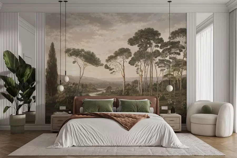 murales de pared Paisaje con río, árboles y colinas en la lejanía w05696