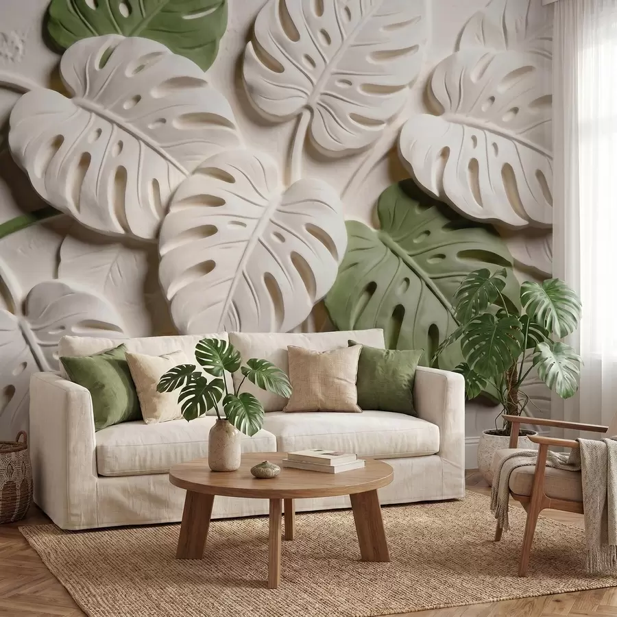 murales de pared Hojas de monstera botánicas en relieve en tonos crema y verde w09883