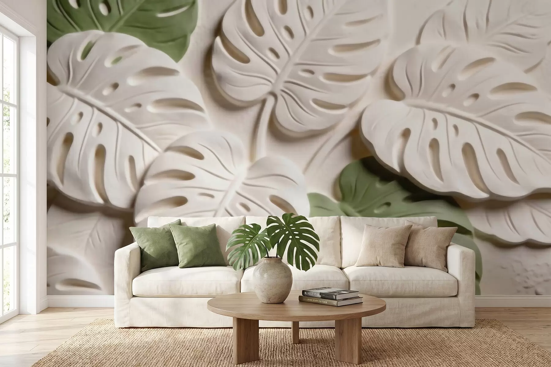 murales de pared Hojas de monstera botánicas en relieve en tonos crema y verde w09883