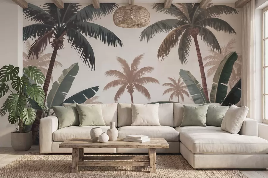 murales de pared Palmeras tropicales en una suave paleta de colores vintage con un ambiente brumoso de mañana w09884
