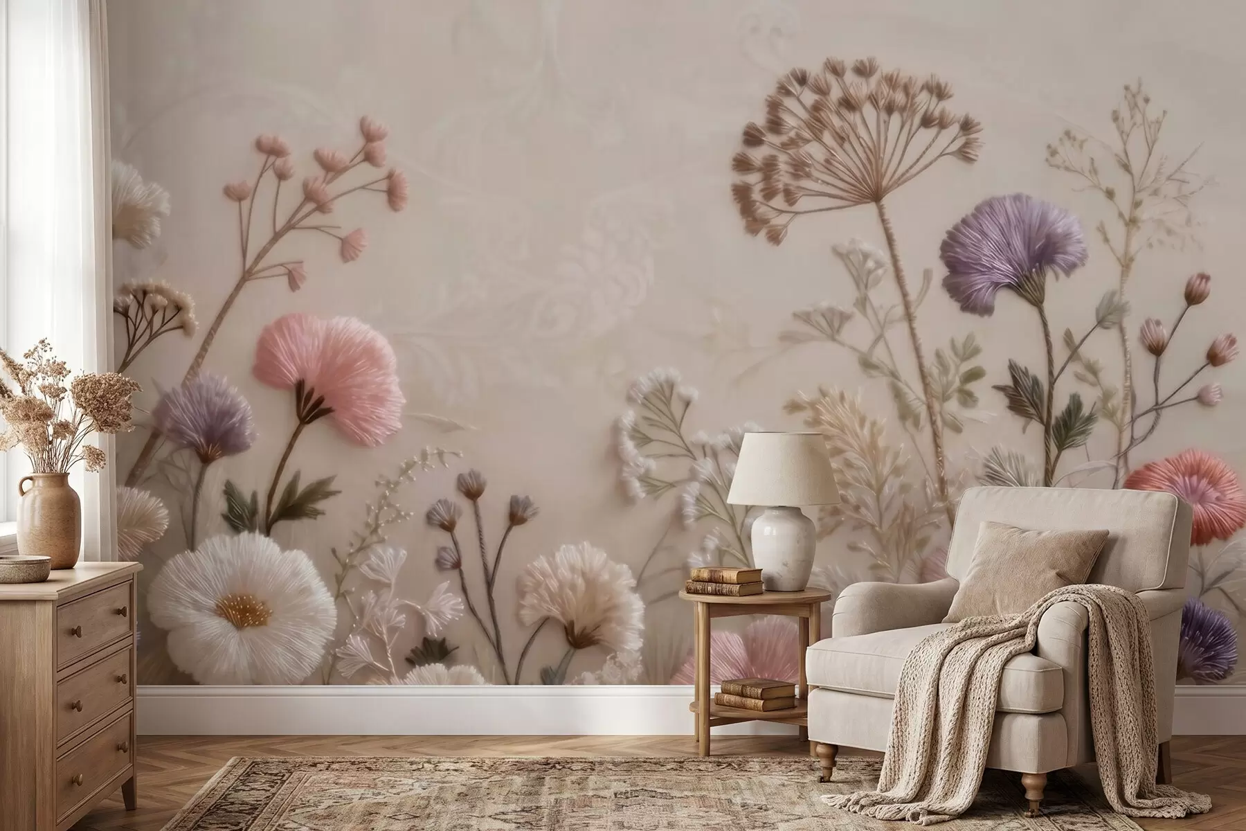 murales de pared Flores silvestres tridimensionales con un efecto de bordado artesanal en una paleta de colores pastel w09874