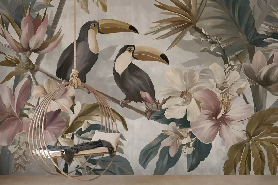 murales de pared una pareja de tucanes entre flores y hojas tropicales w05657