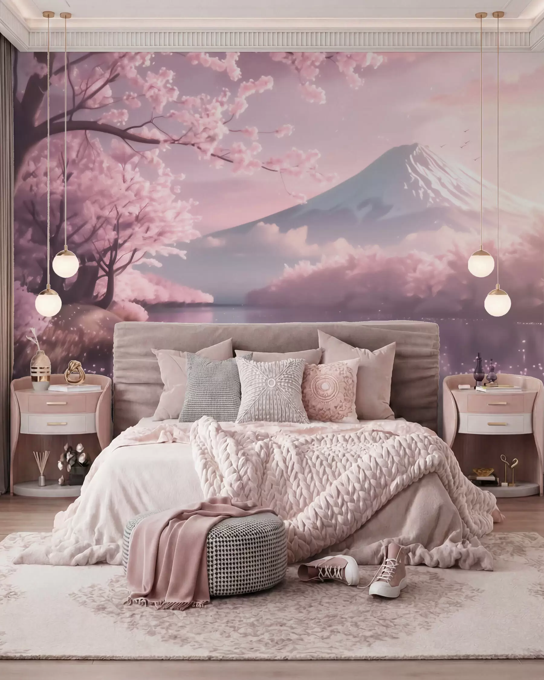 murales de pared Sereno paisaje japonés con cerezos en flor y un lago de montaña al amanecer w09864