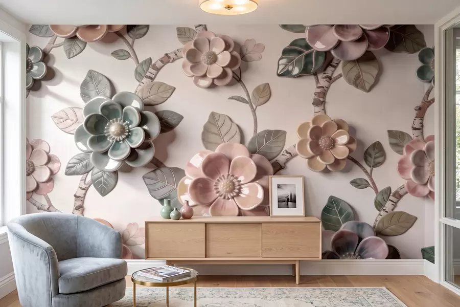 murales de pared Flores de cerámica tridimensionales en una suave gama de colores pastel w09887