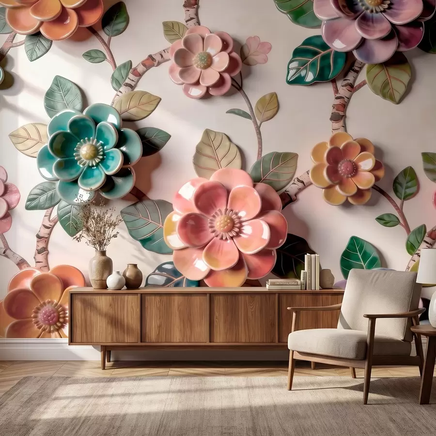 murales de pared Flores y hojas de cerámica tridimensionales en una paleta de colores vivos w09887v2