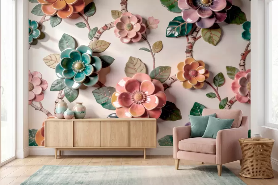 murales de pared Flores y hojas de cerámica tridimensionales en una paleta de colores vivos w09887v2