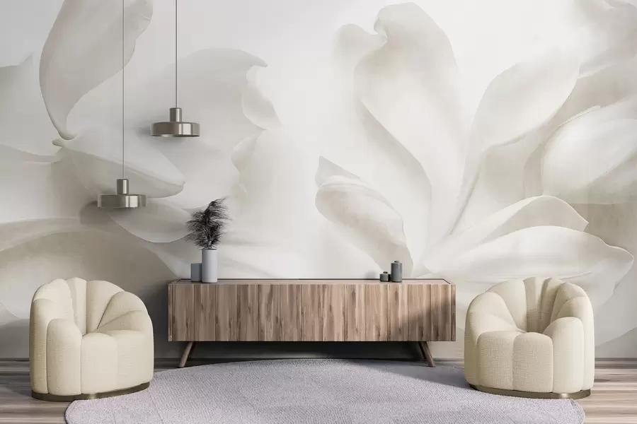 murales de pared Flores de magnolia blancas con textura y pétalos delicados, sobre un fondo claro difuminado w09771