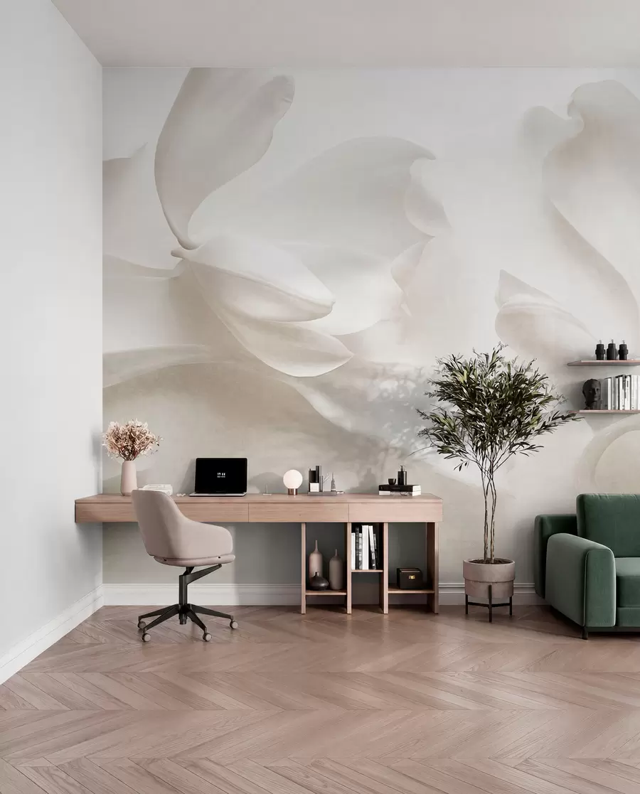 murales de pared Flores de magnolia blancas con textura y pétalos delicados, sobre un fondo claro difuminado w09771