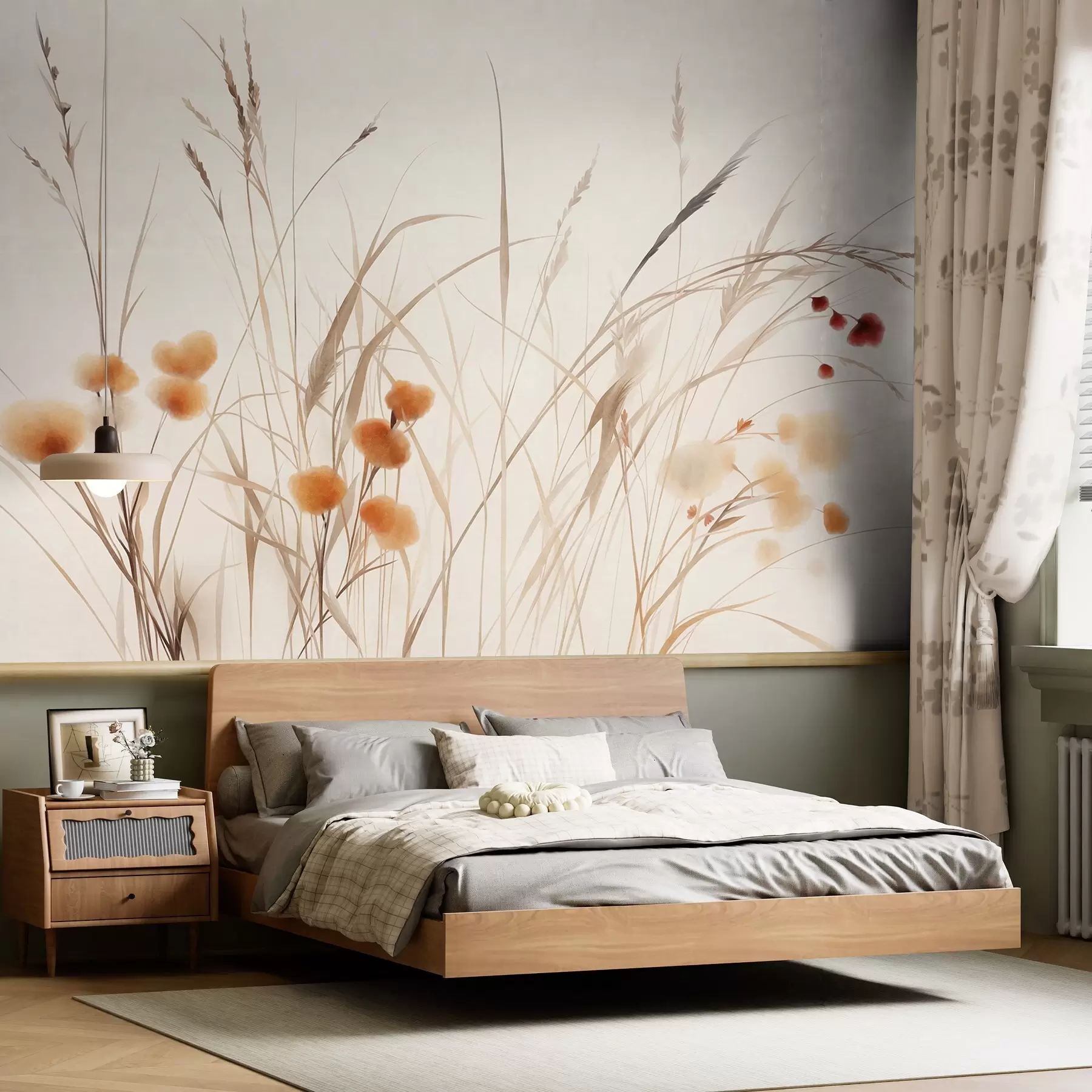 murales de pared Hierbas altas y pequeñas flores silvestres de color naranja sobre un fondo pálido, con un estilo boho lleno de textura w09902