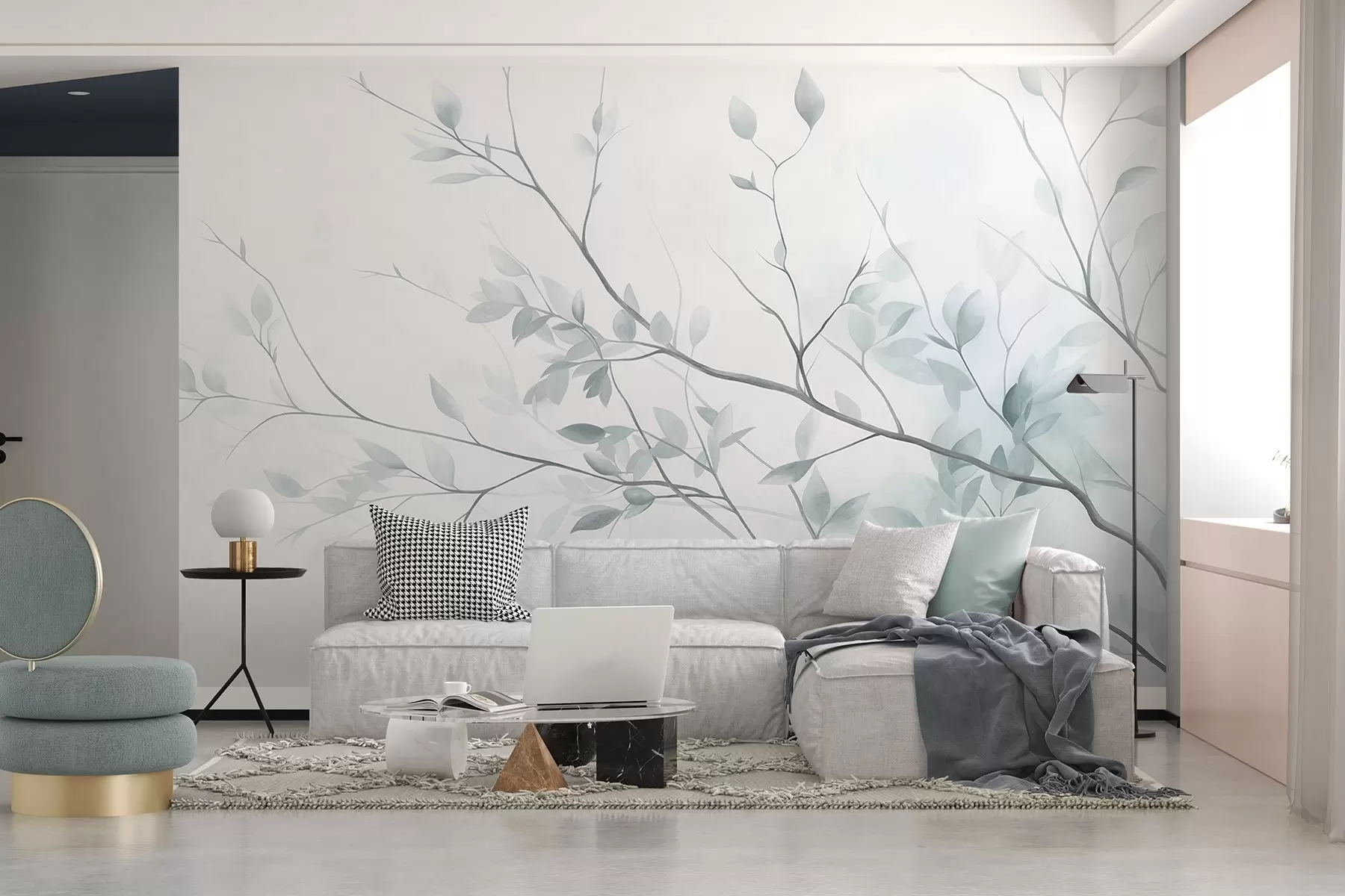 murales de pared Ramas delicadas con hojas de un rosa suave sobre un fondo pálido, al estilo de la acuarela w09910v1