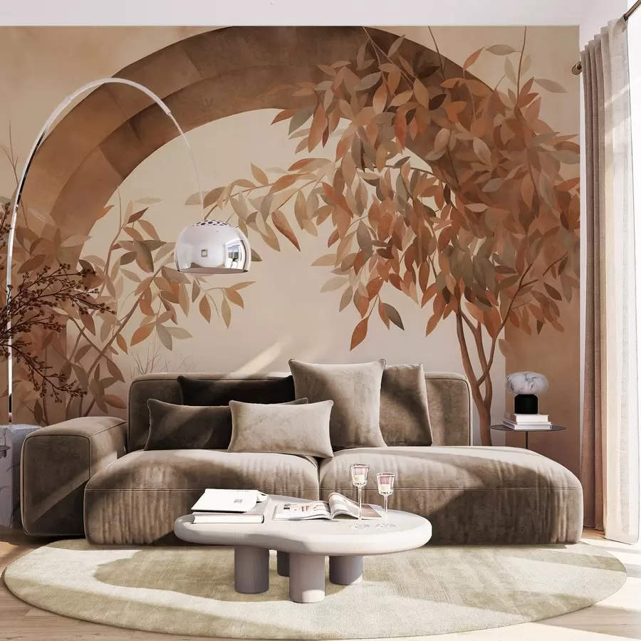 murales de pared Un arco con un paisaje, árboles y follaje en suaves tonos otoñales, obra de arte con textura w09907