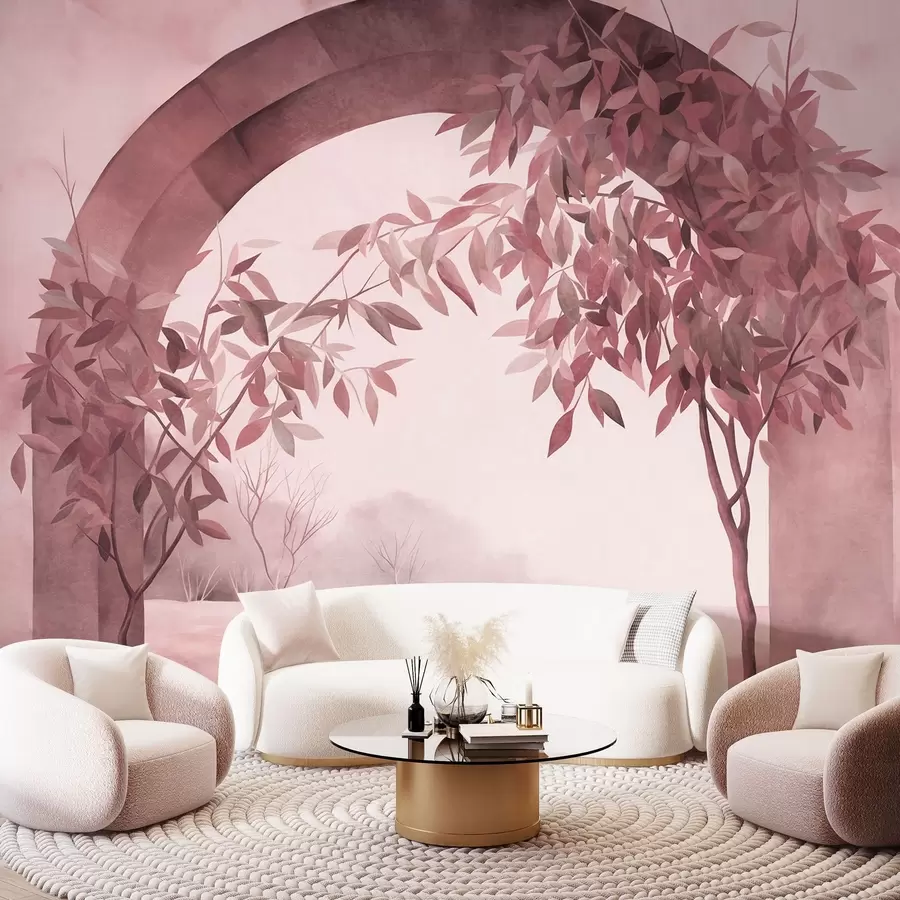murales de pared Un arco con un paisaje, árboles y follaje en tonos rosas y grises apagados; obra de arte con textura w09907v1