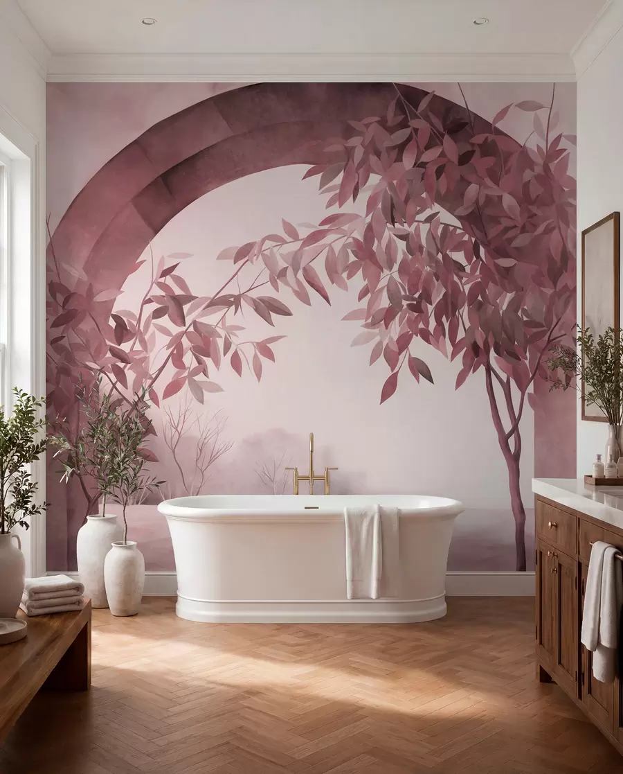 murales de pared Un arco con un paisaje, árboles y follaje en tonos rosas y grises apagados; obra de arte con textura w09907v1