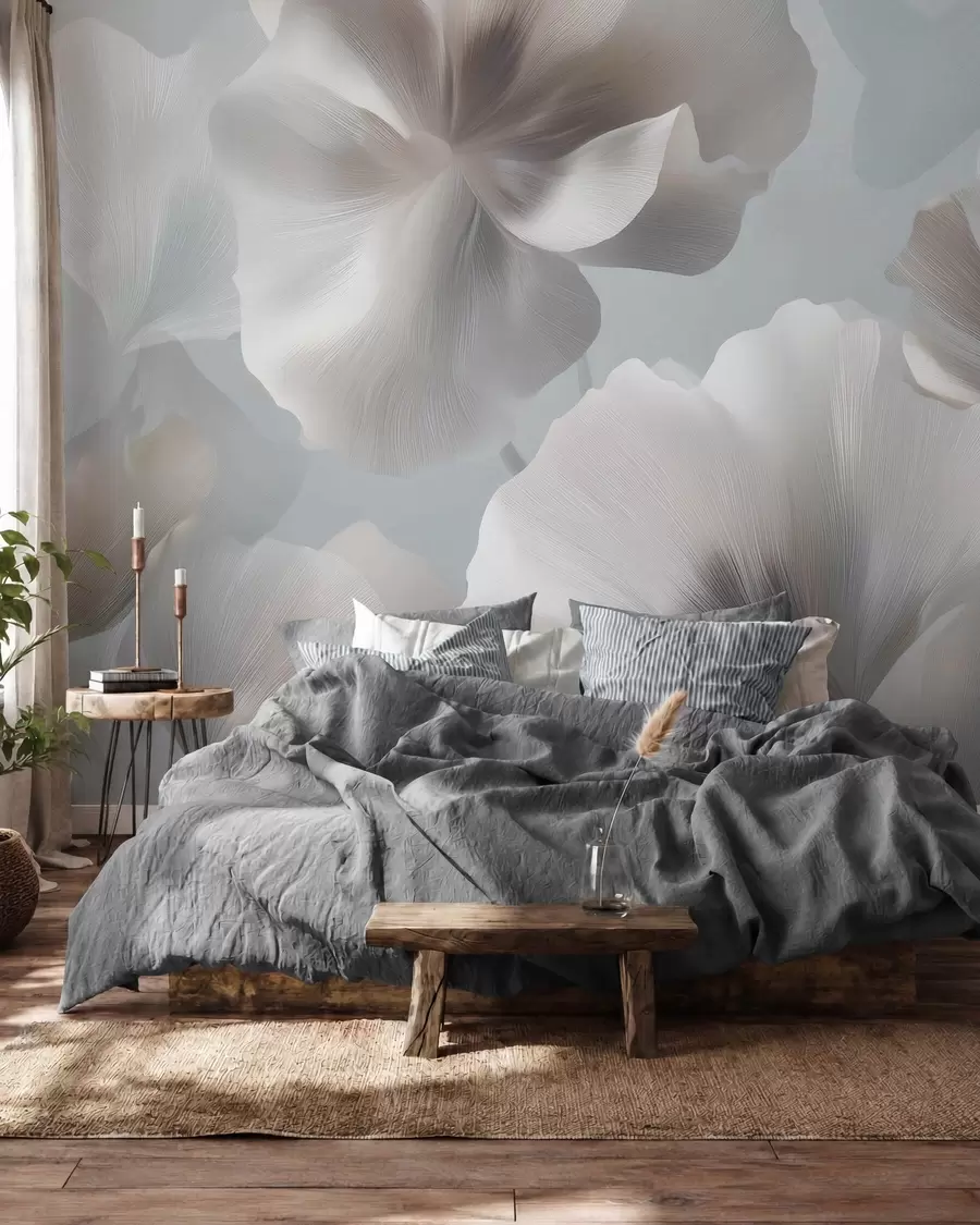 murales de pared Pétalos de flores de seda con volumen en suaves tonos pastel w09928