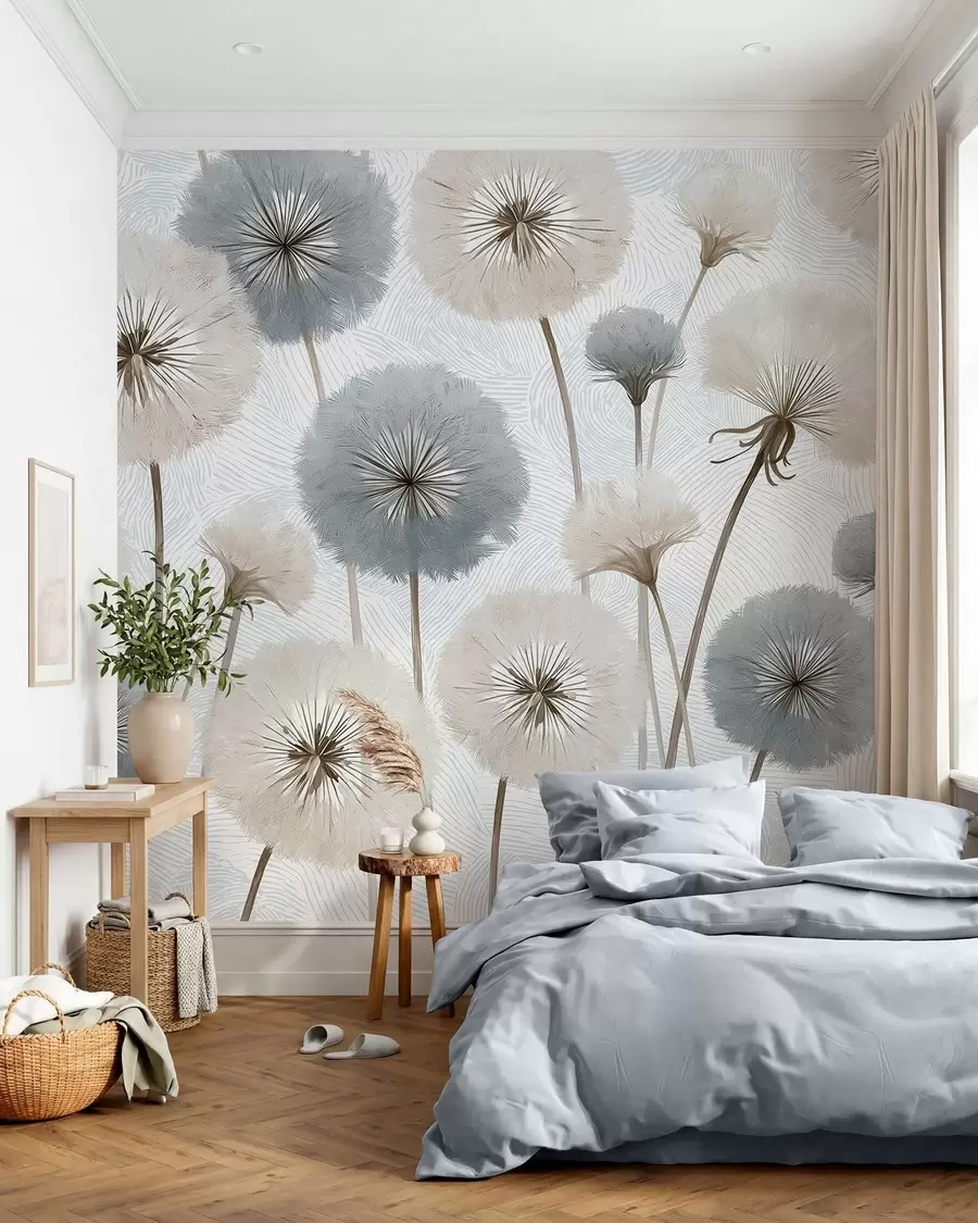 murales de pared Dientes de león ligeros y esponjosos en una suave gama de colores naturales w09936