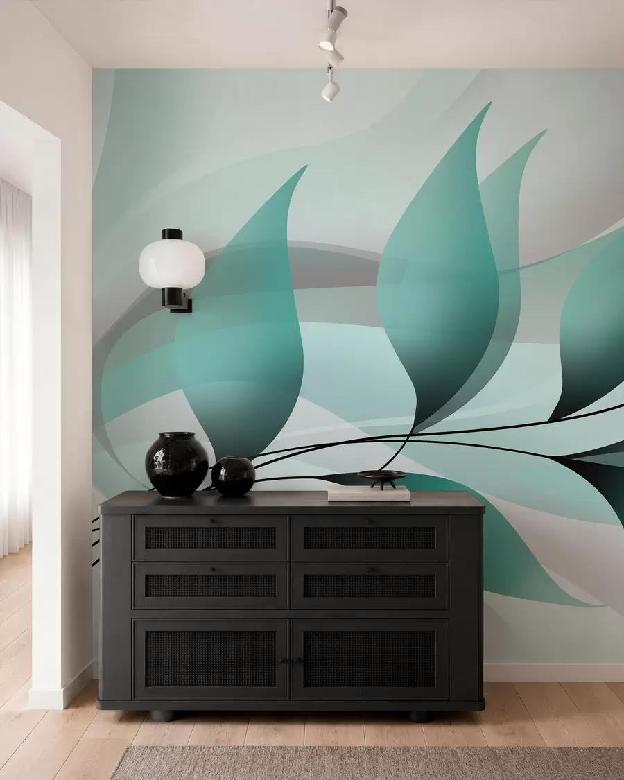 murales de pared una elegante rama con hojas de color turquesa w05660v1