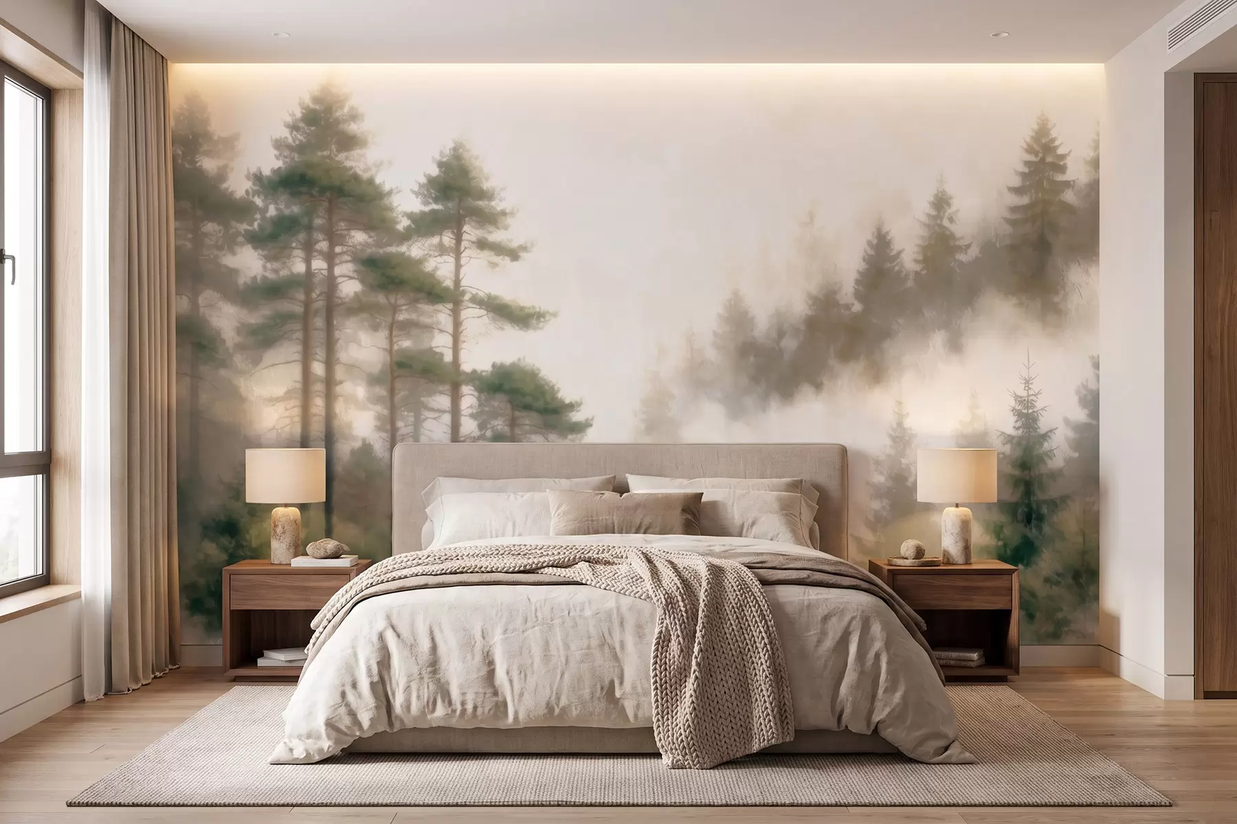 murales de pared Bosque de pinos por la mañana, al estilo de la acuarela w09916