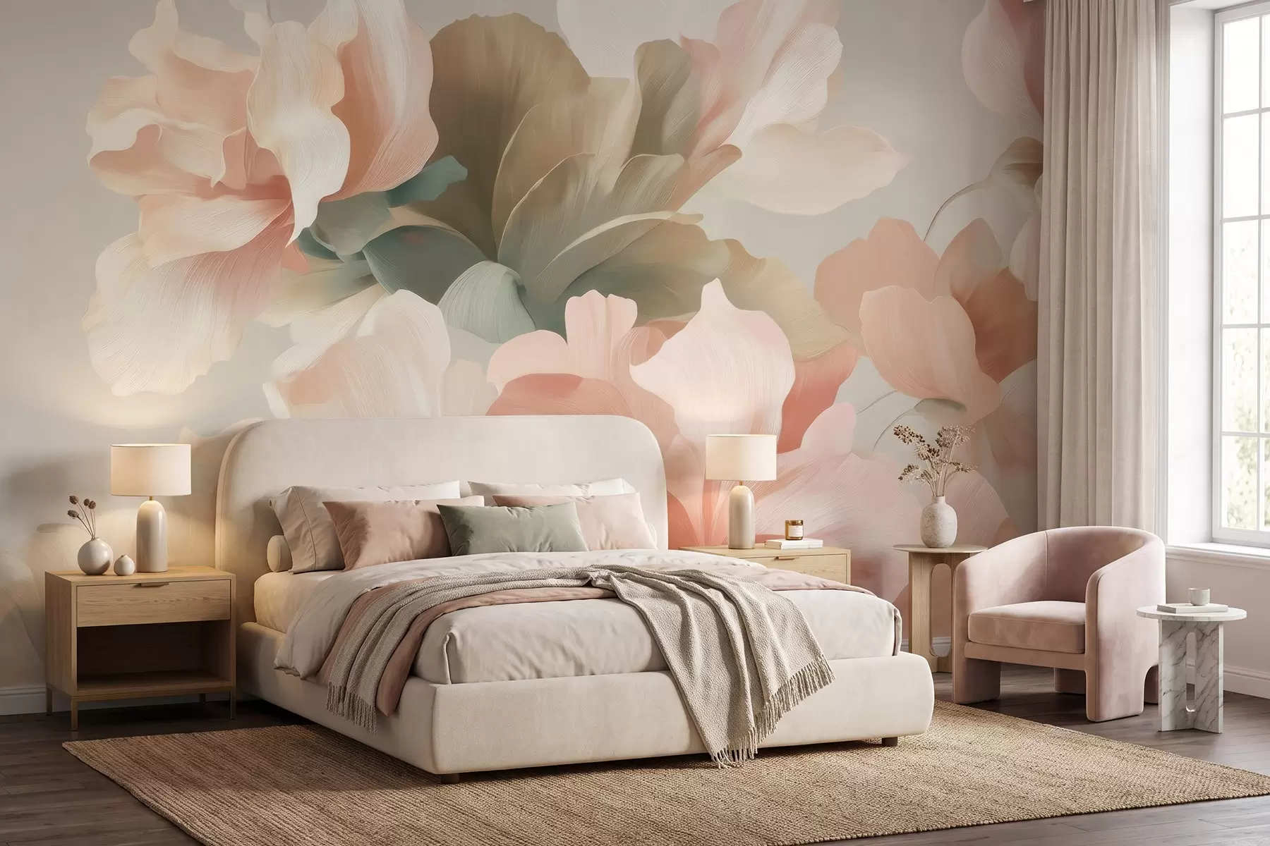 murales de pared Grandes flores artísticas en suaves tonos pastel de color crema, rosa y verde w09935