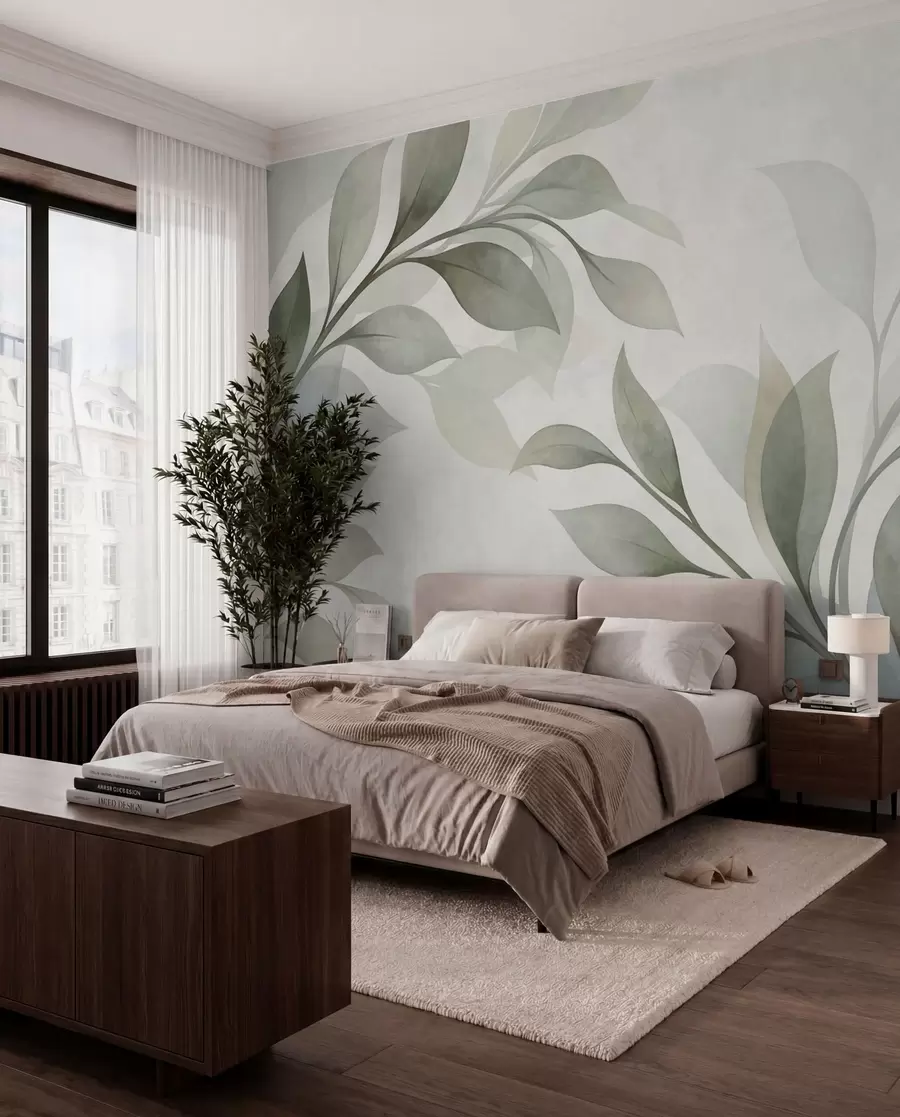 murales de pared Hojas grandes en suaves tonos verdes y azules w05693