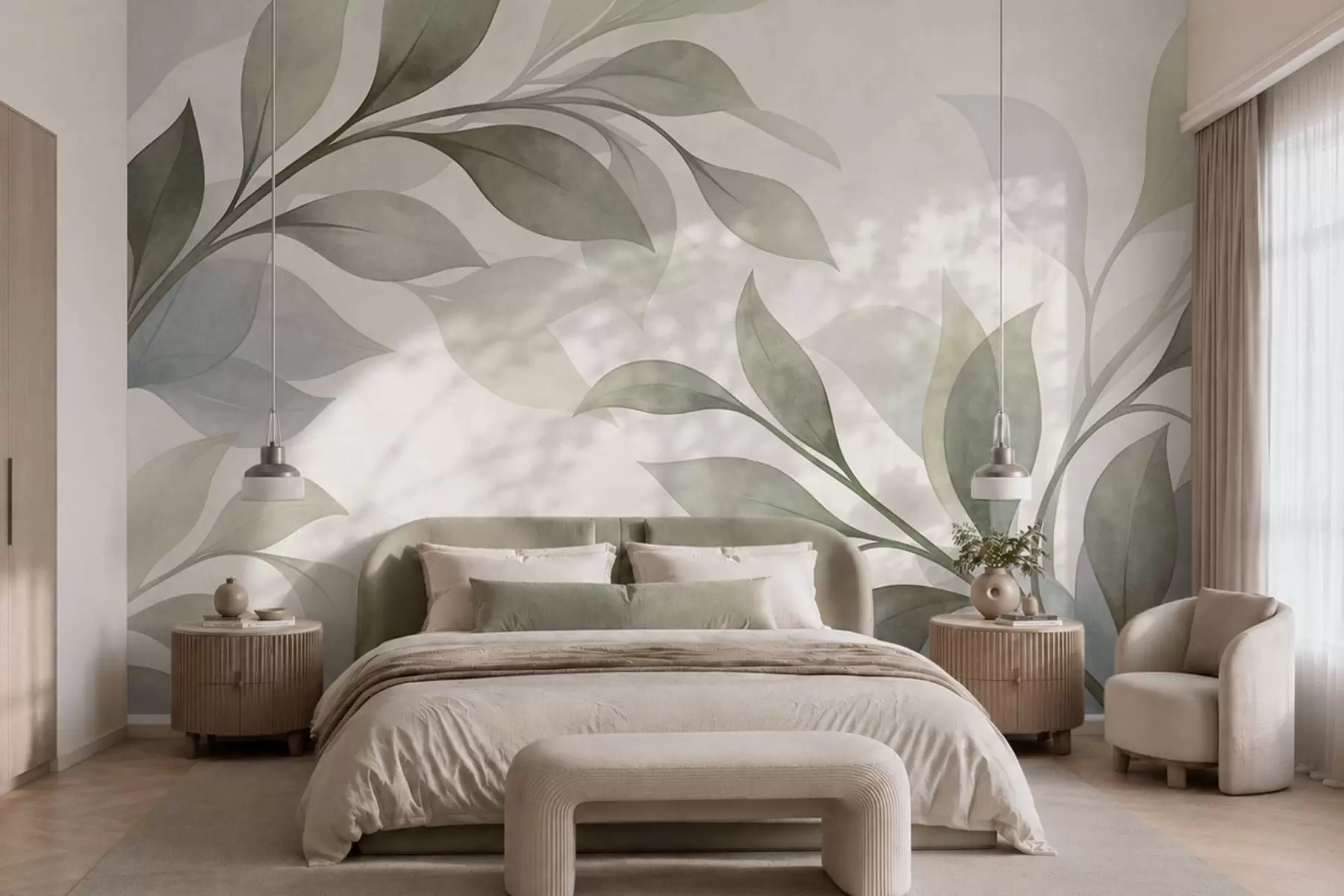 murales de pared Hojas grandes en suaves tonos verdes y azules w05693