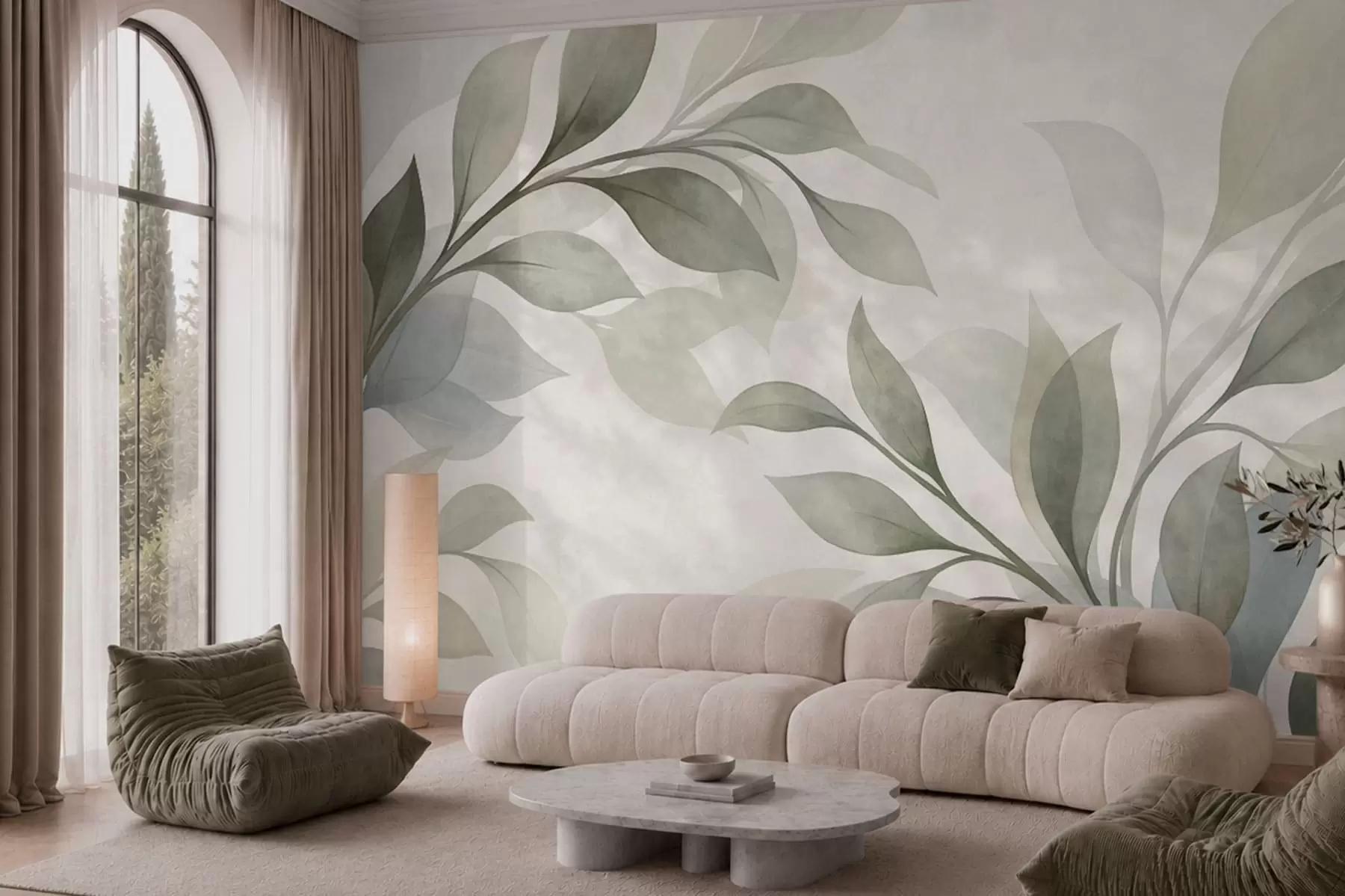 murales de pared Hojas grandes en suaves tonos verdes y azules w05693
