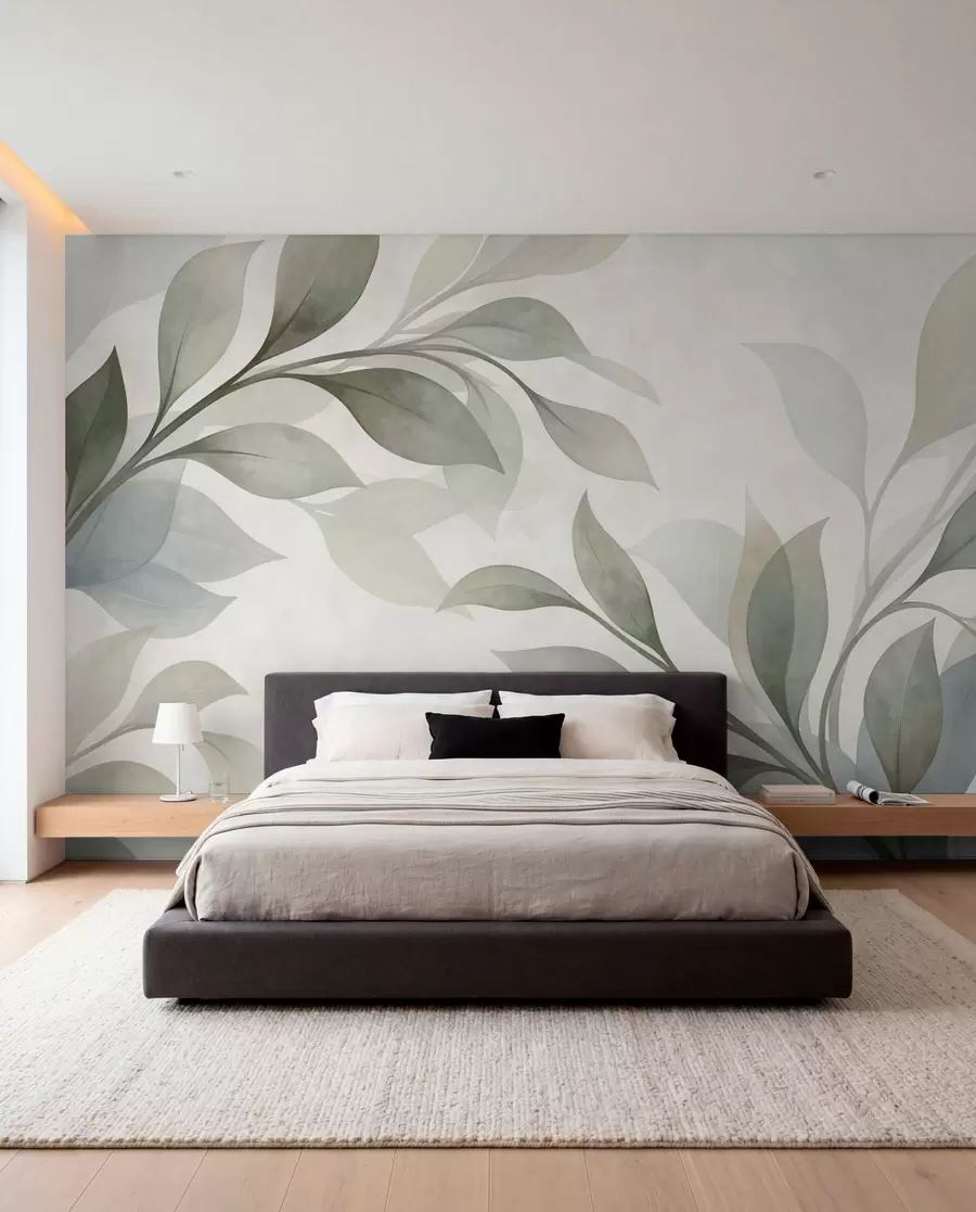 murales de pared Hojas grandes en suaves tonos verdes y azules w05693