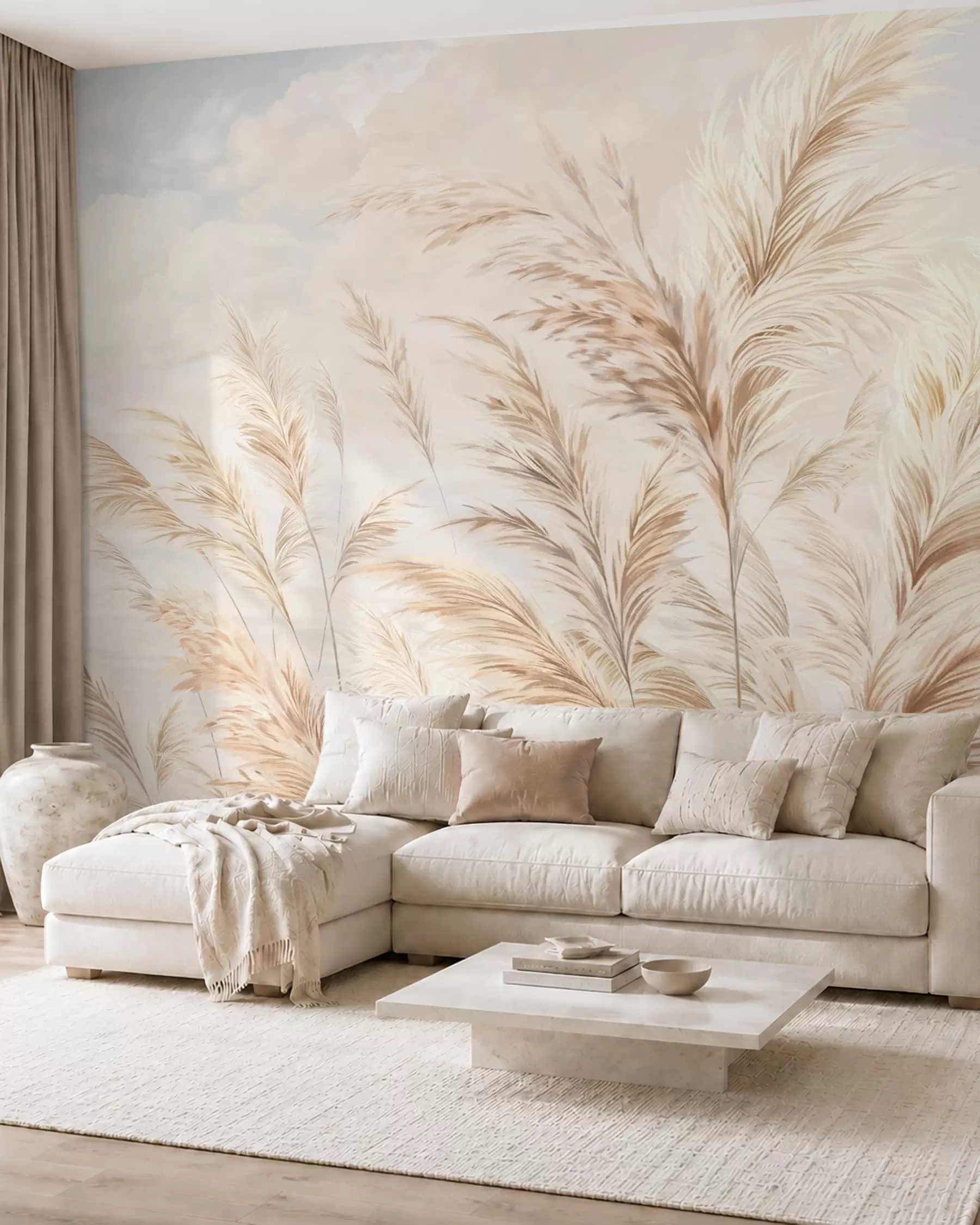 murales de pared Tallos suaves y altos de trigo y hierba bajo un cielo nublado w05735