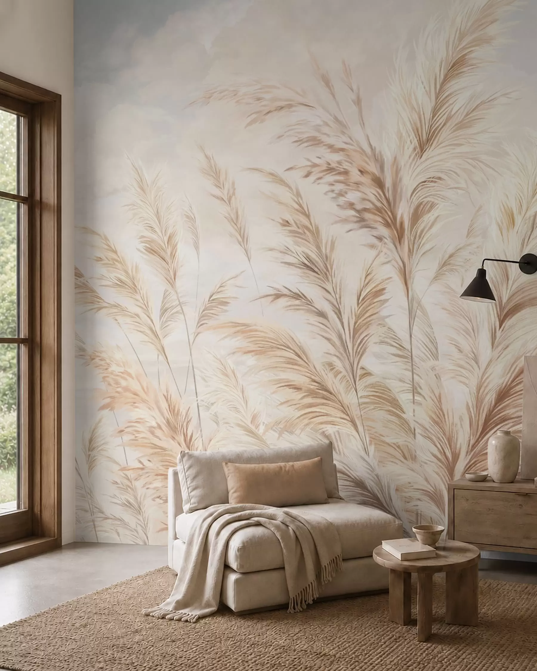 murales de pared Tallos suaves y altos de trigo y hierba bajo un cielo nublado w05735