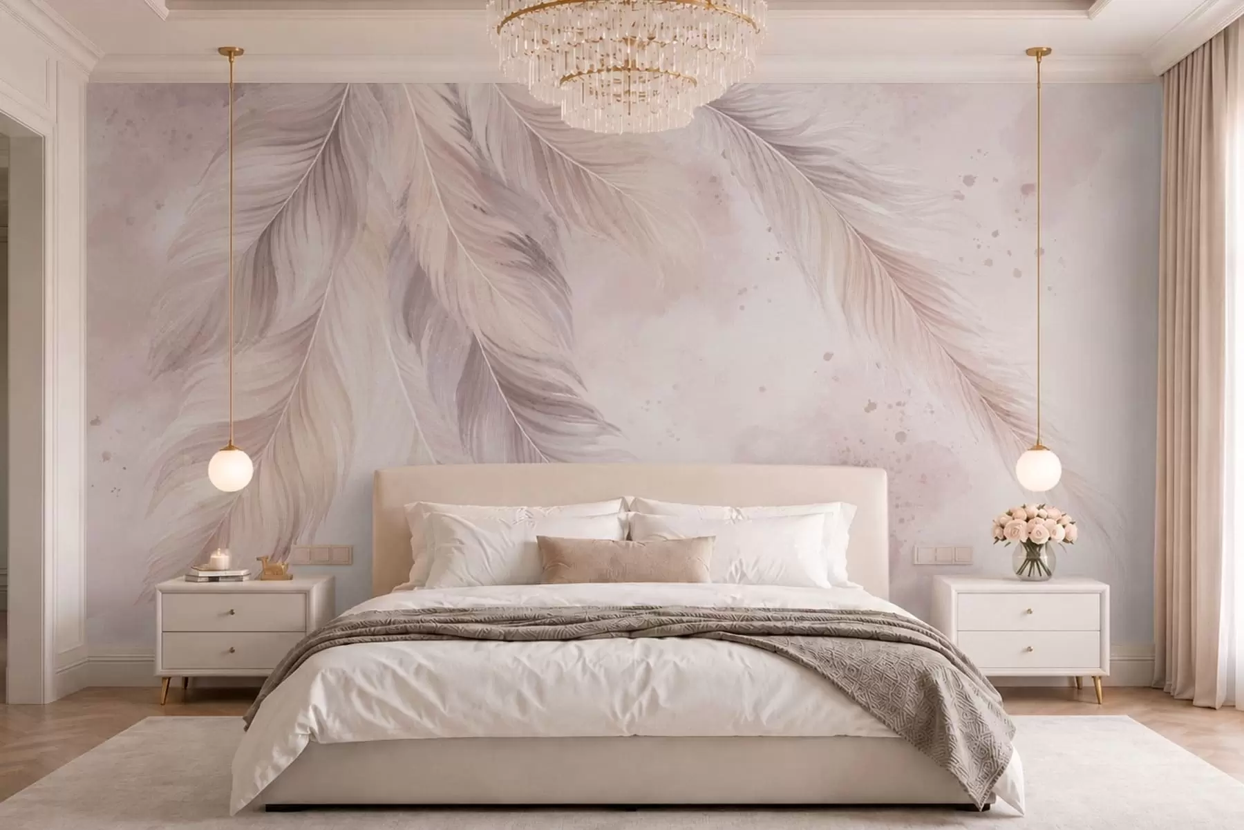murales de pared Delicadas plumas sobre un fondo de acuarela en tonos pastel w05737